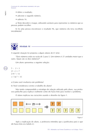 TP3 - Matemática nas Formas Geométricas e na Ecologia - Parte I
Construção do conhecimento matemático em ação:
Variáveis
Seção2
152
• dobre o resultado;
• adicione o segundo número;
• subtraia 16.
a) Tente descobrir o truque, utilizando variáveis para representar os números que as
pessoas podem escolher.
b) Se uma pessoa encontrasse o resultado 96, que números ela teria escolhido
inicialmente?
Atividade 10
A seguinte situação foi proposta a alguns alunos de 6a
série:
“Dois números estão na razão de 2 para 5. Um número é 21 unidades maior que o
outro. Quais são os dois números?”
Um aluno apresentou a seguinte solução:
a) Como você resolveria este problema?
b) Você consideraria correto o trabalho do aluno?
Não tendo compreendido a estratégia de solução utilizada pelo aluno, sua profes-
sora pediu-lhe para explicar oralmente como ele havia feito para resolver o problema.
O aluno explicou seu raciocínio usando o desenho da figura 1.
Figura 1
Após a explicação do aluno, a professora entendeu que a justificativa para o que
ele havia feito era (tabela 2):
 