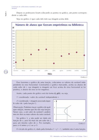 TP3 - Matemática nas Formas Geométricas e na Ecologia - Parte I
Construção do conhecimento matemático em ação:
Variáveis
Seção2
156
Depois os professores foram colocando os pontos no gráfico, um ponto correspon-
dente a cada mês.
Veja no gráfico 2 que cada mês tem sua imagem acima dele.
Gráfico 2
Para fazermos o gráfico de uma função, colocamos os valores da variável inde-
pendente no eixo horizontal. Construímos o gráfico marcando, acima ou abaixo de
cada valor de i, sua imagem (a imagem vai ficar acima do eixo horizontal se for
positiva, e abaixo do eixo se for negativa).
Assim, cada ponto do gráfico será da forma (i, g(i)), ou seja,
1a
coordenada =valor da variável independente i.
2a
coordenada = imagem associada àque-
le valor de i pela função G.
Observação: Podemos traçar o gráfico de qual-
quer relação, mesmo que ela não seja função.
Nesse caso, a um valor da variável i podere-
mos ter dois ou mais valores da outra variável.
No gráfico 3, y não pode ser dado em
função de x, pois há mais de um valor de y
para um mesmo valor de x. Por exemplo,
para x=4 temos y=2 ou y=5.
O círculo do gráfico 4, dado pela fórmula x2
+ y2
= 1, também não é uma função.
Gráfico 3
 