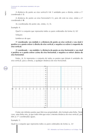 TP3 - Matemática nas Formas Geométricas e na Ecologia - Parte I
Construção do conhecimento matemático em ação:
Variáveis
Seção2
164
A distância do ponto ao eixo vertical é de 3 unidades para a direita, então a 1a
coordenada é 3.
A distância do ponto ao eixo horizontal é 0, pois ele está no eixo, então a 2a
coordenada é 0.
As coordenadas do ponto são, então, (3, 0).
Exemplo 4:
Qual é o conjunto que representa todos os pares ordenados da forma (4, b)?
Solução:
Lembre-se de que:
1a
coordenada: seu módulo é a distância do ponto ao eixo vertical, e seu sinal é
positivo se o ponto estiver à direita do eixo vertical, e negativo se estiver à esquerda do
eixo vertical.
2a
coordenada = seu módulo é a distância do ponto ao eixo horizontal, e seu sinal
é positivo se o ponto estiver acima do eixo horizontal, e negativo se estiver abaixo do
eixo horizontal.
Então, (4, b) representa o conjunto de todos os pontos que distam 4 unidades do
eixo vertical, para a direita, a qualquer distância do eixo horizontal.
Como são infinitos pontos que têm essa propriedade, eles formam uma linha. Neste
caso, uma linha reta, já que todos têm que estar à mesma distância do eixo vertical, pois
têm as 1as
coordenadas iguais.
Exemplo 5:
Qual é o conjunto que representa todos os pares ordenados da forma (a, 3)?
 