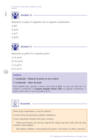 TP3 - Matemática nas Formas Geométricas e na Ecologia - Parte I
Construção do conhecimento matemático em ação:
Variáveis
Seção2
166
Atividade 14
Represente no gráfico 9 segmentos com os seguintes comprimentos:
a) g(8)
b) g(16)
c) g(-7)
d) g(20)
Atividade 15
Represente no gráfico 9 os seguintes pontos:
a) (-6, g(-6))
b) (14, g(14))
c) (3, g(14))
d) (0, g(11))
Lembrete
1a
coordenada = distância do ponto ao eixo vertical
2a
coordenada = altura do ponto
Note também que, quando o ponto é da forma (i, g(i)), ou seja, um valor de i na
primeira coordenada e a imagem daquele mesmo valor na segunda coordenada, o
ponto estará sobre a curva do gráfico de G.
Nesta seção examinamos o uso de variáveis:
• como forma de generalizar padrões aritméticos;
• para representar funções entre duas variáveis.
Vimos que funções são um tipo especial de relação que leva cada valor de uma
variável a uma imagem.
Recordamos também a representação de pontos e de funções no plano cartesiano.
Resumindo
 