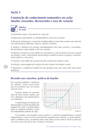 TP3 - Matemática nas Formas Geométricas e na Ecologia - Parte I
190
Seção 2
Construção do conhecimento matemático em ação:
funções crescentes, decrescentes e taxa de variação
Ao final desta seção, você deverá ser capaz de:
• Representar graficamente a interdependência entre duas variáveis.
• Interpretar informação a respeito de interdependência entre duas variáveis por meio de
três representações diferentes: gráficos, tabelas e fórmulas.
• Analisar a dinâmica da variação interdependente entre duas variáveis: crescimento,
decrescimento e quão rápido se dá essa variação.
• Observar variações na taxa média de crescimento ou decrescimento de uma variável
em relação a outra, relacionando representações numéricas dessas variações a represen-
tações gráficas, e vice-versa.
• Calcular a taxa média de variação de uma variável em relação a outra.
• Calcular a porcentagem de variação de uma variável em relação a outra.
• Determinar a unidade de medida de uma grandeza que seja razão entre duas outras
grandezas.
Objetivo
da seção
Revendo seus conceitos: gráficos de funções
Na situação-problema “Seqüestro
de carbono”, temos vários exem-
plos de grandezas que são função
uma da outra.
Funções podem ser represen-
tadas de várias formas: tabelas, grá-
ficos, diagramas, um conjunto de pa-
res ordenados.
A representação de funções por
meio de gráficos nos dá uma idéia mais
dinâmica de como a variável depen-
dente se comporta conforme a variá-
vel independente aumenta de valor.
Por exemplo, em um gráfico como o gráfico 1, conforme acompanhamos a variável
independente x crescer no eixo horizontal da esquerda para a direita, a variável depen-
dente y também cresce, assumindo valores mais altos no eixo vertical. (Você já sabe que
em casos como este diz-se que a função é crescente.)
Gráfico 1
 