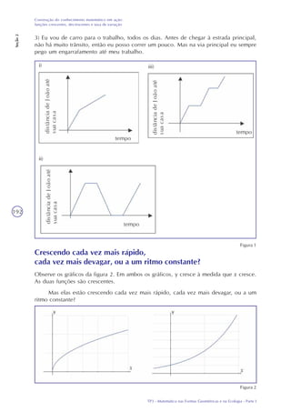 TP3 - Matemática nas Formas Geométricas e na Ecologia - Parte I
Construção do conhecimento matemático em ação:
funções crescentes, decrescentes e taxa de variação
Seção2
192
3) Eu vou de carro para o trabalho, todos os dias. Antes de chegar à estrada principal,
não há muito trânsito, então eu posso correr um pouco. Mas na via principal eu sempre
pego um engarrafamento até meu trabalho.
i) iii)
ii)
Figura 1
Crescendo cada vez mais rápido,
cada vez mais devagar, ou a um ritmo constante?
Observe os gráficos da figura 2. Em ambos os gráficos, y cresce à medida que x cresce.
As duas funções são crescentes.
Mas elas estão crescendo cada vez mais rápido, cada vez mais devagar, ou a um
ritmo constante?
Figura 2
 