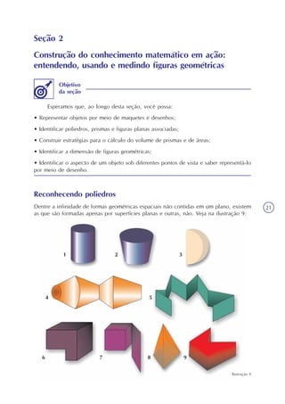 21
Seção 2
Construção do conhecimento matemático em ação:
entendendo, usando e medindo figuras geométricas
Esperamos que, ao longo desta seção, você possa:
• Representar objetos por meio de maquetes e desenhos;
• Identificar poliedros, prismas e figuras planas associadas;
• Construir estratégias para o cálculo do volume de prismas e de áreas;
• Identificar a dimensão de figuras geométricas;
• Identificar o aspecto de um objeto sob diferentes pontos de vista e saber representá-lo
por meio de desenho.
Objetivo
da seção
Reconhecendo poliedros
Dentre a infinidade de formas geométricas espaciais não contidas em um plano, existem
as que são formadas apenas por superfícies planas e outras, não. Veja na ilustração 9:
Ilustração 9
 