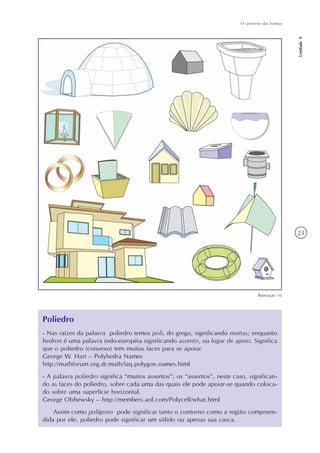 O universo das formas
Unidade9
23
Ilustração 10
Poliedro
- Nas raízes da palavra poliedro temos poli, do grego, significando muitas; enquanto
hedron é uma palavra indo-européia significando assento, ou lugar de apoio. Significa
que o poliedro (convexo) tem muitas faces para se apoiar.
George W. Hart – Polyhedra Names
http://mathforum.org.dr.math/faq.polygon.names.html
- A palavra poliedro significa “muitos assentos”; os “assentos”, neste caso, significan-
do as faces do poliedro, sobre cada uma das quais ele pode apoiar-se quando coloca-
do sobre uma superfície horizontal.
George Olshewsky – http://members.aol.com/Polycell/what.html
Assim como polígono pode significar tanto o contorno como a região compreen-
dida por ele, poliedro pode significar um sólido ou apenas sua casca.
 