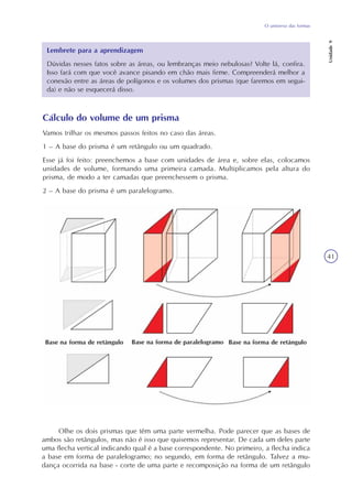 O universo das formas
Unidade9
41
Lembrete para a aprendizagem
Dúvidas nesses fatos sobre as áreas, ou lembranças meio nebulosas? Volte lá, confira.
Isso fará com que você avance pisando em chão mais firme. Compreenderá melhor a
conexão entre as áreas de polígonos e os volumes dos prismas (que faremos em segui-
da) e não se esquecerá disso.
Cálculo do volume de um prisma
Vamos trilhar os mesmos passos feitos no caso das áreas.
1 – A base do prisma é um retângulo ou um quadrado.
Esse já foi feito: preenchemos a base com unidades de área e, sobre elas, colocamos
unidades de volume, formando uma primeira camada. Multiplicamos pela altura do
prisma, de modo a ter camadas que preenchessem o prisma.
2 – A base do prisma é um paralelogramo.
Olhe os dois prismas que têm uma parte vermelha. Pode parecer que as bases de
ambos são retângulos, mas não é isso que quisemos representar. De cada um deles parte
uma flecha vertical indicando qual é a base correspondente. No primeiro, a flecha indica
a base em forma de paralelogramo; no segundo, em forma de retângulo. Talvez a mu-
dança ocorrida na base - corte de uma parte e recomposição na forma de um retângulo
 
