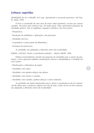 O universo das formas
Unidade9
53
Leituras sugeridas
LINDQUIST, M. M. e SHULTE, A.P. (org). Aprendendo e ensinando geometria. São Pau-
lo: Atual, 1994.
O livro é constituído de uma série de textos sobre geometria, escritos por autores
variados. Há textos mais teóricos mas, de modo geral, todos apresentam propostas de
atividades práticas. Eles se englobam, segundo a temática, em cinco partes:
- Perspectivas.
- Resolução de problemas e aplicações: um panorama.
- Atividades em foco.
- A geometria e outras partes da Matemática.
- Formação de professores.
As atividades são adaptadas a diferentes níveis de escolaridade.
KALEFF, A.M.M.R. Vendo e entendendo poliedros. Niterói: EdUFF, 1998.
Embora essencialmente calcado em propostas de atividades para o ensino da geo-
metria, o livro apresenta também considerações teóricas e metodológicas. É dividido em
cinco partes:
- Planificações e dobraduras de papel.
- Atividades com cubos.
- Atividades com quebra-cabeças não planos.
- Atividades com varetas e canudos.
- Atividades com canudos, quebra-cabeças e outros materiais.
As atividades são muito interessantes para o aluno e constituem-se em rico manan-
cial de idéias para o professor explorar em sala de aula. Como ocorre no livro anterior,
são adaptadas a diferentes níveis de escolaridade.
 