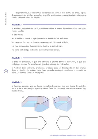 TP3 - Matemática nas Formas Geométricas e na Ecologia - Parte I
Soluçãodasatividades
68
Seguramente, não são formas poliédricas: os anéis, o toro (forma de pneu), a peça
de encanamento, a telha, a concha, a vasilha arredondada, a casa tipo iglu, o tanque, a
cúpula (parte de cima do abajur).
Atividade 3
a) Arandela, esquemas de casas, caixa com tampa. A menos de detalhes: casa com porta
e duas janelas.
b) São bases:
Na arandela: a base e o topo (na verdade, deveriam ser fechados).
No esquema de casa: as duas faces pentagonais (só uma é visível).
Na casa com porta e duas janelas: a frente e a parte de trás.
Na caixa com tampa inclinada: os dois trapézios laterais.
Atividade 4
a) Entre os convexos, o que está embaixo é prisma. Entre os côncavos, o que está
embaixo é prisma. As faces laterais dos dois prismas são retângulos.
b) Nenhum deles tem forma prismática. O abajur pode ser decomposto em dois prismas
(base e cúpula). Em ambos, duas faces paralelas quaisquer satisfazem o conceito de
bases. As demais faces são retângulos.
Atividade 5
a) Resposta pessoal. Veja na figura exemplos de piscinas que têm forma de poliedro:
todas as faces são polígonos planos e duas faces encontram-se exatamente em um seg-
mento de reta.
a) b)
 