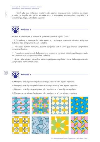 TP3 - Matemática nas Formas Geométricas e na Ecologia - Parte I
Construção do conhecimento matemático em ação:
revestimentos, preenchimentos e semelhanças
Seção2
84
Você sabe que polígonos regulares são aqueles nos quais todos os lados são iguais
e todos os ângulos são iguais. Usando ainda o seu conhecimento sobre congruência e
semelhança, faça a atividade seguinte:
Atividade 2
Analise as afirmações e assinale V para verdadeiro e F para falso:
( ) Fixando-se o número de lados como n, podem-se construir infinitos polígonos
distintos (não congruentes) com n lados.
( ) Para cada número natural n, existem polígonos com n lados que não são congruentes
nem semelhantes .
( ) Fixando-se o número de lados como n, podem-se construir infinitos polígonos regula-
res distintos (não congruentes) com n lados.
( ) Para cada número natural n, existem polígonos regulares com n lados que não são
congruentes nem semelhantes.
Atividade 3
a) Marque x em alguns triângulos não regulares e x’ em alguns regulares.
b) Marque y em alguns quadriláteros não regulares e y´ em alguns regulares.
c) Marque z em alguns pentágonos não regulares e z´ em alguns regulares.
d) Marque w em alguns hexágonos não regulares e w´ em alguns regulares.
 