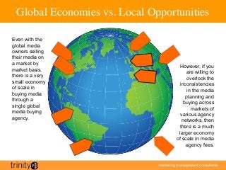 marketing management consultants
Global Economies vs. Local Opportunities	

Even with the
global media
owners selling
their media on
a market by
market basis,
there is a very
small economy
of scale in
buying media
through a
single global
media buying
agency.
However, if you
are willing to
overlook the
inconsistencies
in the media
planning and
buying across
markets of
various agency
networks, then
there is a much
larger economy
of scale in media
agency fees.
 
