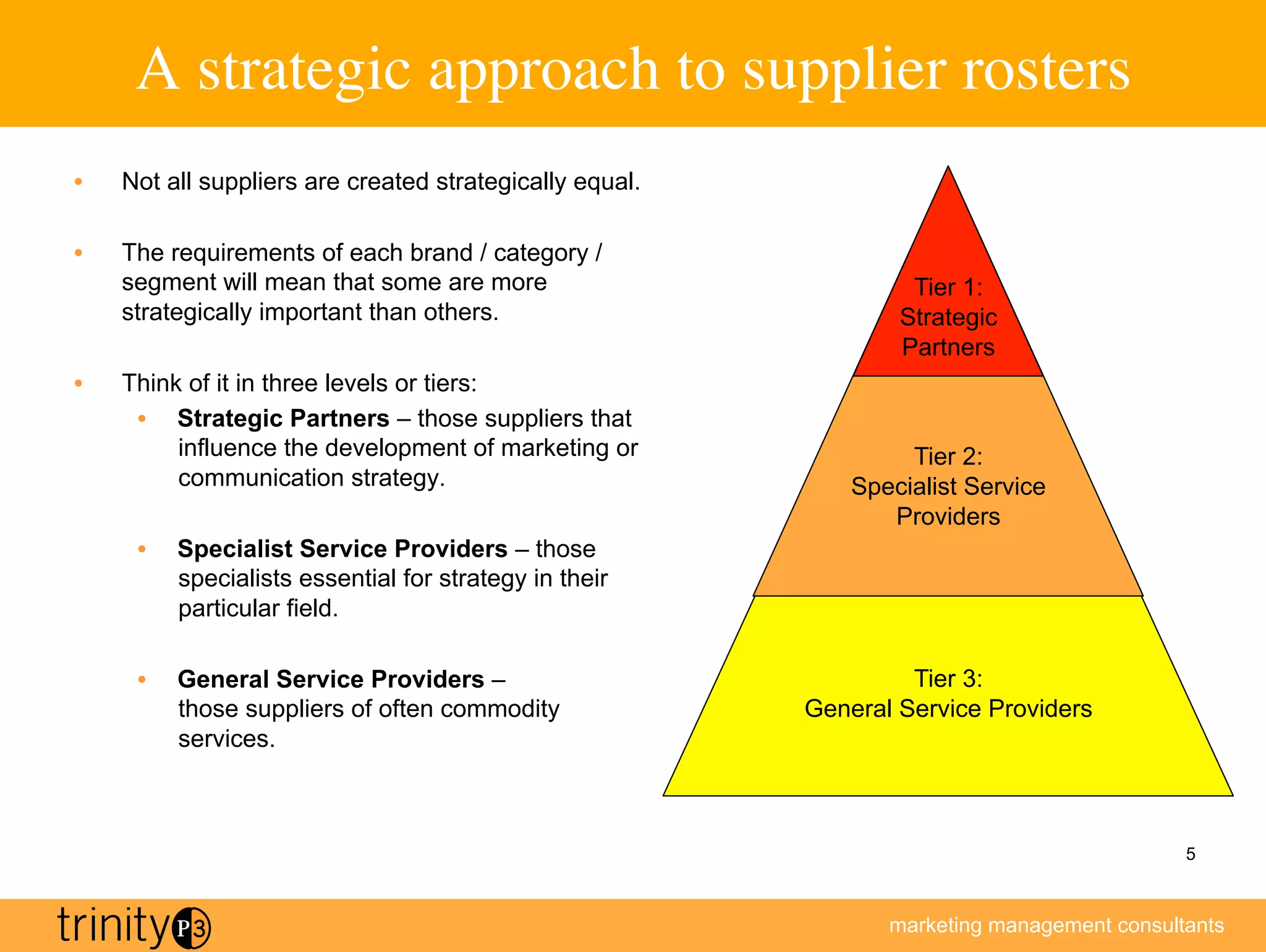 A strategic approach to supplier rosters
                                             	

•    Not all suppliers are created strategically equal.

•    The requirements of each brand / category /
     segment will mean that some are more                          Tier 1:
     strategically important than others.                         Strategic
                                                                  Partners
•    Think of it in three levels or tiers:
      •  Strategic Partners – those suppliers that
          influence the development of marketing or                Tier 2:
          communication strategy.                             Specialist Service
                                                                 Providers
      •    Specialist Service Providers – those
           specialists essential for strategy in their
           particular field.

      •    General Service Providers –                             Tier 3:
           those suppliers of often commodity             General Service Providers
           services.



                                                                                             5



                                                                 marketing management consultants
 