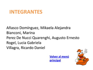 INTEGRANTES

Añasco Domínguez, Mikaela Alejandra
Bianconi, Marina
Perez De Nucci Quarenghi, Augusto Ernesto
Rogel, Lucia Gabriela
Villagra, Ricardo Daniel

                        Volver al menú
                        principal
 
