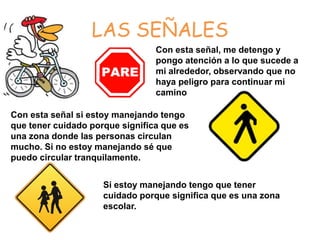 LAS SEÑALES
                                 Con esta señal, me detengo y
                                 pongo atención a lo que sucede a
                                 mi alrededor, observando que no
                                 haya peligro para continuar mi
                                 camino

Con esta señal si estoy manejando tengo
que tener cuidado porque significa que es
una zona donde las personas circulan
mucho. Si no estoy manejando sé que
puedo circular tranquilamente.


                     Si estoy manejando tengo que tener
                     cuidado porque significa que es una zona
                     escolar.
 
