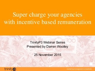 marketing management consultants
Super charge your agencies
with incentive based remuneration
TrinityP3 Webinar Series
Presented by Darren Woolley
25 November 2015
 