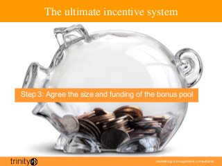 marketing management consultants
The ultimate incentive system
Step 3: Agree the size and funding of the bonus pool
 