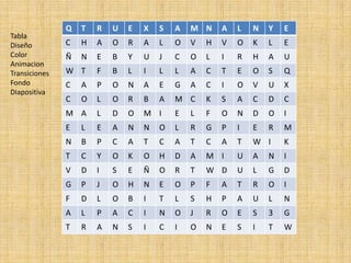 Q   T   R   U   E   X   S   A   M N     A   L   N   Y   E
Tabla
Diseño         C   H   A   O   R   A   L   O   V   H   V   O   K   L   E
Color          Ñ   N   E   B   Y   U   J   C   O   L   I   R   H   A   U
Animacion
Transiciones   W T     F   B   L   I   L   L   A   C   T   E   O   S   Q
Fondo          C   A   P   O   N   A   E   G   A   C   I   O   V   U   X
Diapositiva
               C   O   L   O   R   B   A   M C     K   S   A   C   D   C
               M A     L   D   O   M I     E   L   F   O   N   D   O   I
               E   L   E   A   N   N   O   L   R   G   P   I   E   R   M
               N   B   P   C   A   T   C   A   T   C   A   T   W I     K
               T   C   Y   O   K   O   H   D   A   M I     U   A   N   I
               V   D   I   S   E   Ñ   O   R   T   W D     U   L   G   D
               G   P   J   O   H   N   E   O   P   F   A   T   R   O   I
               F   D   L   O   B   I   T   L   S   H   P   A   U   L   N
               A   L   P   A   C   I   N   O   J   R   O   E   S   3   G
               T   R   A   N   S   I   C   I   O   N   E   S   I   T   W
 