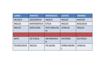 LUNES        MARTES      MIERCOLES    JUEVES     VIERNES
MUSICA       GEOGRAFIA   INGLES       INGLES     MATEM
INGLES       MATEMATICA ETICA         INGLES     BIOLOGIA
INGLES       MAT/LENG    HIST./BIOLOG LENGUA     INGLES
                         IA


ARTE         ED.FISICA   INFORMATIC   HISTORIA   ED.FISICA
                         A
TECNOLOGIA   INGLES      FIS.QUIM.    FORM.MORA LENGUA
                                      L
 