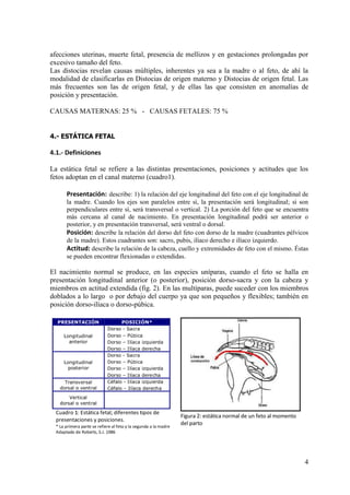 4
afecciones uterinas, muerte fetal, presencia de mellizos y en gestaciones prolongadas por
excesivo tamaño del feto.
Las distocias revelan causas múltiples, inherentes ya sea a la madre o al feto, de ahí la
modalidad de clasificarlas en Distocias de origen materno y Distocias de origen fetal. Las
más frecuentes son las de origen fetal, y de ellas las que consisten en anomalías de
posición y presentación.
CAUSAS MATERNAS: 25 % - CAUSAS FETALES: 75 %
4.- ESTÁTICA FETAL
4.1.- Definiciones
La estática fetal se refiere a las distintas presentaciones, posiciones y actitudes que los
fetos adoptan en el canal materno (cuadro1).
Presentación: describe: 1) la relación del eje longitudinal del feto con el eje longitudinal de
la madre. Cuando los ejes son paralelos entre sí, la presentación será longitudinal; si son
perpendiculares entre sí, será transversal o vertical. 2) La porción del feto que se encuentra
más cercana al canal de nacimiento. En presentación longitudinal podrá ser anterior o
posterior, y en presentación transversal, será ventral o dorsal.
Posición: describe la relación del dorso del feto con dorso de la madre (cuadrantes pélvicos
de la madre). Estos cuadrantes son: sacro, pubis, ilíaco derecho e ilíaco izquierdo.
Actitud: describe la relación de la cabeza, cuello y extremidades de feto con el mismo. Éstas
se pueden encontrar flexionadas o extendidas.
El nacimiento normal se produce, en las especies uníparas, cuando el feto se halla en
presentación longitudinal anterior (o posterior), posición dorso-sacra y con la cabeza y
miembros en actitud extendida (fig. 2). En las multíparas, puede suceder con los miembros
doblados a lo largo o por debajo del cuerpo ya que son pequeños y flexibles; también en
posición dorso-ilíaca o dorso-púbica.
 