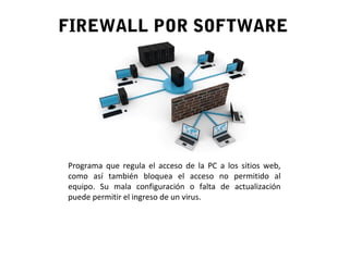 FIREWALL POR SOFTWARE
Programa que regula el acceso de la PC a los sitios web,
como así también bloquea el acceso no permitido al
equipo. Su mala configuración o falta de actualización
puede permitir el ingreso de un virus.
 