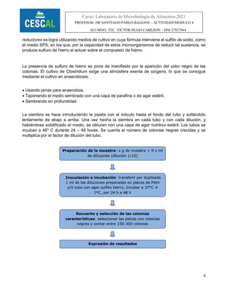 6
Curso: Laboratorio de Microbiología de Alimentos-2021
PROFESOR: DR SANTIAGO PABLO BAGGINI – ACTIVIDAD MODULO 4
ALUMNO: TEC. VICTOR HUGO CABEZON – DNI 27827964
reductores se logra utilizando medios de cultivo en cuya fórmula interviene el sulfito de sodio, como
el medio SPS, en los que, por la capacidad de estos microorganismos de reducir tal sustancia, se
produce sulfuro de hierro al actuar sobre el compuesto de hierro.
La presencia de sulfuro de hierro se pone de manifiesto por la aparición del color negro de las
colonias. El cultivo de Clostridium exige una atmósfera exenta de oxígeno, lo que se consigue
mediante el cultivo en anaerobiosis:
 Usando jarras para anaerobios.
 Taponando el medio sembrado con una capa de parafina o de agar estéril.
 Sembrando en profundidad.
La siembra se hace introduciendo la pipeta con el inóculo hasta el fondo del tubo y soltándolo
lentamente de abajo a arriba. Una vez hecha la siembra en cada tubo y con cada dilución, y
habiéndose solidificado el medio, se obturan con una capa de agar nutritivo estéril. Los tubos se
incuban a 46º C durante 24 – 48 horas. Se cuenta el número de colonias negras crecidas y se
multiplica por el factor de dilución del tubo.
 