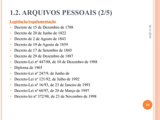 Legislação/regulamentação Decreto de 15 de Dezembro de 1788 Decreto de 20 de Junho de 1822 Decreto de 2 de Agosto de 1843 Decreto de 19 de Agosto de 1859 Decreto de 17 de Setembro de 1885 Decreto de 29 de Dezembro de 1887 Decreto-Lei nº 447/88, de 10 de Dezembro de 1988 Diploma de 1965 Decreto-Lei nº 247/9, de Junho de Decreto-Lei nº 121/92, de Julho de 1992  Decreto-Lei nº 16/93, de 23 de Janeiro de 1993 Decreto-Lei nº 60/97, de 20 de Março de 1997 Decreto-lei nº 372/98, de 23 de Novembro de 1998 1.2. ARQUIVOS PESSOAIS (2/5) 19-11-2010 