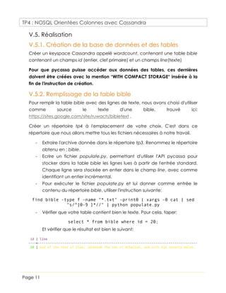 TP4 : NOSQL Orientées Colonnes avec Cassandra
Page 11
V.5. Réalisation
V.5.1. Création de la base de données et des tables...