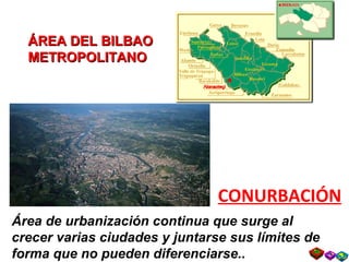 CONURBACIÓN Área de urbanización continua que surge al crecer varias ciudades y juntarse sus límites de forma que no pueden diferenciarse.. ÁREA DEL BILBAO METROPOLITANO 
