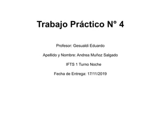 Trabajo Práctico N° 4
Profesor: Gesualdi Eduardo
Apellido y Nombre: Andrea Muñoz Salgado
IFTS 1 Turno Noche
Fecha de Entrega: 17/11/2019
 