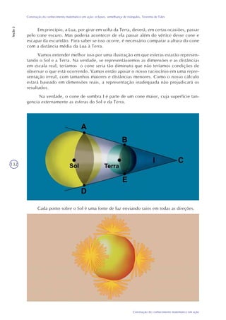 132
Construção do conhecimento matemático em ação
Construção do conhecimento matemático em ação: eclipses, semelhança de triângulos, Teorema de Tales
Seção2
Em princípio, a Lua, por girar em volta da Terra, deverá, em certas ocasiões, passar
pelo cone escuro. Mas poderia acontecer de ela passar além do vértice desse cone e
escapar da escuridão. Para saber se isso ocorre, é necessário comparar a altura do cone
com a distância média da Lua à Terra.
Vamos entender melhor isso por uma ilustração em que esferas estarão represen-
tando o Sol e a Terra. Na verdade, se representássemos as dimensões e as distâncias
em escala real, teríamos o cone seria tão diminuto que não teríamos condições de
observar o que está ocorrendo. Vamos então apoiar o nosso raciocínio em uma repre-
sentação irreal, com tamanhos maiores e distâncias menores. Como o nosso cálculo
estará baseado em dimensões reais, a representação inadequada não prejudicará os
resultados.
Na verdade, o cone de sombra I é parte de um cone maior, cuja superfície tan-
gencia externamente as esferas do Sol e da Terra.
Cada ponto sobre o Sol é uma fonte de luz enviando raios em todas as direções.
 