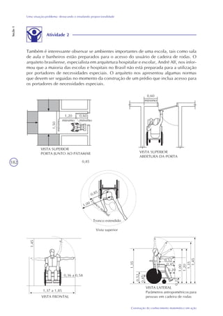 182
Construção do conhecimento matemático em ação
Uma situação-problema: destacando e estudando proporcionalidade
Seção1
Atividade 2
Também é interessante observar se ambientes importantes de uma escola, tais como sala
de aula e banheiros estão preparados para o acesso do usuário de cadeira de rodas. O
arquiteto brasiliense, especialista em arquitetura hospitalar e escolar, André Alf, nos infor-
mou que a maioria das escolas e hospitais no Brasil não está preparada para a utilização
por portadores de necessidades especiais. O arquiteto nos apresentou algumas normas
que devem ser seguidas no momento da construção de um prédio que inclua acesso para
os portadores de necessidades especiais.
1,20
mínimo
0,60
mínimo
1,50
mínimo
VISTA SUPERIOR
PORTA JUNTO AO PATAMAR
0,60
mínimo
VISTA SUPERIOR
ABERTURA DA PORTA
0,85
0,85
1,00
Tronco
norm
al
Tronco estendido
Vista superior
VISTA FRONTAL
1,37 a 1,85
0,36 a 0,58
1,45
VISTA LATERAL
Parâmetros antropométricos para
pessoas em cadeira de rodas
1,35
0,52
0,45
0,22
1,00
1,20
1,35
1,45
0,52
0,45
0,20
 