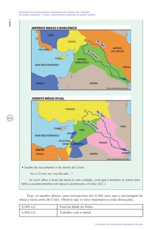 66
Construção do conhecimento matemático em ação
Resolução de situação-problema: planejamento de modelos para realidades
de grandes proporções – Escalas e representações adequadas de grandes números
Seção1
• Soube do nascimento e da morte de Cristo.
“eu vi Cristo ser crucificado...”.
Se você olhar o texto da música com cuidado, verá que o homem se refere tam-
bém a acontecimentos em épocas posteriores a Cristo (d.C.).
Veja, no quadro abaixo, uma retrospectiva dos 8.000 anos que o personagem da
música viveu antes de Cristo. Observe que os fatos matemáticos estão destacados.
8.000 a.C. Final da Idade da Pedra.
6.000 a.C. Trabalho com o metal.
 