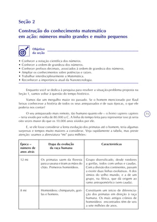 71
Seção 2
Construção do conhecimento matemático
em ação: números muito grandes e muito pequenos
• Conhecer a notação científica dos números.
• Conhecer a ordem de grandeza dos números.
• Conhecer prefixos decimais, associados à ordem de grandeza dos números.
• Ampliar os conhecimentos sobre potências e raízes.
• Trabalhar interdisciplinarmente a Matemática.
• Reconhecer a importância atual da Nanotecnologia.
Objetivo
da seção
Enquanto você se dedica à pesquisa para resolver a situação-problema proposta na
Seção 1, vamos voltar à questão do tempo histórico.
Vamos dar um mergulho maior no passado. Se o homem mencionado por Raul
Seixas conhecesse a história de todos os seus antepassados e de suas épocas, o que ele
poderia nos contar?
O seu antepassado mais remoto, tão humano quanto ele – o homo sapiens sapiens
– teria vivido por volta de 80.000 a.C. A linha do tempo feita para representar isso já seria
oito vezes maior do que os 10.000 anos vividos por ele.
E, se ele fosse considerar a lenta evolução dos primatas até o homem, teria algumas
surpresas e tempos muito maiores a considerar. Veja rapidamente a tabela, mas preste
atenção: usamos a abreviatura “mi” para milhões:
Época –
número de
anos atrás
Etapa da evolução
da raça humana
Características
12 mi Os primatas saem da floresta
para a savana e tiram as mãos do
chão. Primeiros hominídeos.
Grupo diversificado, desde roedores
a gorilas, todos com unhas e caudas.
Com a divisão dos continentes, passam
a existir duas linhas evolutivas. A dos
símios do velho mundo, e a de um
grupo, na África, que dá origem ao
ramo antropomórfico (sem cauda).
8 mi Hominídeos: chimpanzés, gori-
las e homens.
Constituem um início de diferencia-
ção dos primatas em direção à raça
humana. Os mais antigos crânios de
hominídeos encontrados têm de seis
a sete milhões de anos.
 