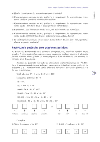 73
Espaço, Tempo, Ordem de Grandeza – Números grandes e pequenos
Unidade14
a) Qual o comprimento do segmento que você construiu?
b) Conservando-se a mesma escala, qual seria o comprimento do segmento para repre-
sentar desde os primeiros homo sapiens sapiens?
c) Conservando-se a mesma escala, qual seria o comprimento do segmento para repre-
sentar desde 12 milhões de anos atrás (primeiros hominídeos)?
d) Represente 3.000 milhões do modo usual, em nosso sistema de numeração.
e) Conservando-se a mesma escala, qual seria o comprimento do segmento para repre-
sentar desde 3.000 milhões de anos atrás (começo da vida na Terra)?
f) Se você representasse cada século desses 3.000 milhões de anos por 1 mm, que tama-
nho de segmento precisaria?
Recordando potências com expoentes positivos
Na história da humanidade e nas distâncias interplanetárias, aparecem números muito
grandes. A notação científica, que serve para representar qualquer número, é adequada
para os números muito grandes ou muito pequenos. Para introduzi-la, precisaremos do
conceito geral de potência.
As idéias de quadrado e de cubo de um número foram introduzidas no TP1, Uni-
dade 1, no contexto de áreas e volumes. Nesses casos, trabalhamos com potências de
expoentes 2 e 3. Nesta Unidade, vamos ampliar e aprofundar a noção de potenciação e
de suas propriedades.
Você sabe que 35
= 3 x 3 x 3 x 3 x 3 = 243
Escrevendo potências de 10:
10 = 101
100 = 10 x 10 = 102
1.000 = 10 x 10 x 10 =103
10.000 = 10 x 10 x 10 x 10 = 104
100.000 = 10 x 10 x 10 x 10 x 10 = 105
1.000.000 = 10 x 10 x 10 x 10 x 10 x 10 = 106
ou
1 ou 100
101
102
103
unidadesdezenascentenasmilhares
Exemplos:
1) 500 = 5 centenas = 5 x 102
2) 5.000 = 5 milhares = 5 x 103
5 0 0 5 0 0 0
 