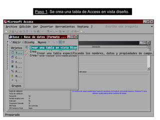 Paso 1. Se crea una tabla de Access en vista diseño.