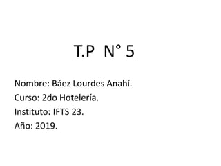 T.P N° 5
Nombre: Báez Lourdes Anahí.
Curso: 2do Hotelería.
Instituto: IFTS 23.
Año: 2019.
 