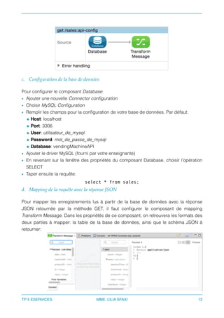 c. Conﬁguration de la base de données
Pour conﬁgurer le composant Database:
• Ajouter une nouvelle Connector conﬁguration
• Choisir MySQL Conﬁguration
• Remplir les champs pour la conﬁguration de votre base de données. Par défaut:
★ Host: localhost
★ Port: 3306
★ User: utilisateur_de_mysql
★ Password: mot_de_passe_de_mysql
★ Database: vendingMachineAPI
• Ajouter le driver MySQL (fourni par votre enseignante)
• En revenant sur la fenêtre des propriétés du composant Database, choisir l’opération
SELECT
• Taper ensuite la requête:
select * from sales;
d. Mapping de la requête avec la réponse JSON
Pour mapper les enregistrements lus à partir de la base de données avec la réponse
JSON retournée par la méthode GET, il faut conﬁgurer le composant de mapping
Transform Message. Dans les propriétés de ce composant, on retrouvera les formats des
deux parties à mapper: la table de la base de données, ainsi que le schéma JSON à
retourner:
TP 5 ESERVICES MME. LILIA SFAXI 13
 