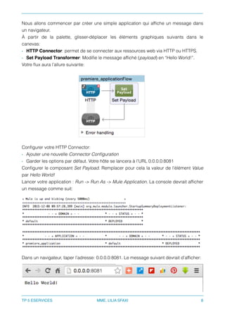 Nous allons commencer par créer une simple application qui afﬁche un message dans
un navigateur.
À partir de la palette, glisser-déplacer les éléments graphiques suivants dans le
canevas:
• HTTP Connector: permet de se connecter aux ressources web via HTTP ou HTTPS.
• Set Payload Transformer: Modiﬁe le message afﬁché (payload) en “Hello World!”.
Votre ﬂux aura l’allure suivante:
Conﬁgurer votre HTTP Connector:
• Ajouter une nouvelle Connector Conﬁguration
• Garder les options par défaut. Votre hôte se lancera à l’URL 0.0.0.0:8081
Conﬁgurer le composant Set Payload. Remplacer pour cela la valeur de l’élément Value
par Hello World!
Lancer votre application : Run -> Run As -> Mule Application. La console devrait afﬁcher
un message comme suit:
Dans un navigateur, taper l’adresse: 0.0.0.0:8081. Le message suivant devrait d’afﬁcher:
TP 5 ESERVICES MME. LILIA SFAXI 8
 