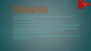 Bibliografía
HTTP://WWW.AEROMENTAL.COM/2006/08/16/EVOLUCION-DE-LOS-
SISTEMAS-OPERATIVOS/
HTTPS://WWW.YOUTUBE.COM/WATCH?V=WSXHAV-Y8IO
HTTPS://ES.WIKIPEDIA.ORG/WIKI/HISTORIA_DE_LOS_SISTEMAS_OPERATIVOS
HTTPS://WWW.SLIDESHARE.NET/ENSAMBLE0003/LNEA-DEL-TIEMPO-DE-
SISTEMAS-OPERATIVOS?QID=7845652C-512B-4276-8595-
90C26ED1359D&V=&B=&FROM_SEARCH=1
HTTPS://ES.WIKIPEDIA.ORG/WIKI/ANEXO:CRONOLOG%C3%ADA_DE_LOS_SI
STEMAS_OPERATIVOS
Volver a la
línea
 