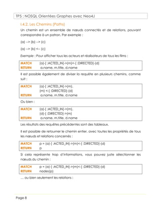 TP5 : NOSQL Orientées Graphes avec Neo4J
Page 8
I.4.2. Les Chemins (Paths)
Un chemin est un ensemble de nœuds connectés et de relations, pouvant
correspondre à un patron. Par exemple :
(a) --> (b) --> (c)
(a) --> (b) <-- (c)
Exemple : Pour afficher tous les acteurs et réalisateurs de tous les films :
MATCH (a)-[ :ACTED_IN]->(m)<-[ :DIRECTED]-(d)
RETURN a.name, m.title, d.name
Il est possible également de diviser la requête en plusieurs chemins, comme
suit :
MATCH (a)-[ :ACTED_IN]->(m),
(m) <-[ :DIRECTED]-(d)
RETURN a.name, m.title, d.name
Ou bien :
MATCH (a)-[ :ACTED_IN]->(m),
(d)-[ :DIRECTED]->(m)
RETURN a.name, m.title, d.name
Les résultats des requêtes précédentes sont des tableaux.
Il est possible de retourner le chemin entier, avec toutes les propriétés de tous
les nœuds et relations concernés :
MATCH p = (a)-[ :ACTED_IN]->(m)<-[ :DIRECTED]-(d)
RETURN p
Si cela représente trop d’informations, vous pouvez juste sélectionner les
nœuds du chemin :
MATCH p = (a)-[ :ACTED_IN]->(m)<-[ :DIRECTED]-(d)
RETURN nodes(p)
… ou bien seulement les relations :
 