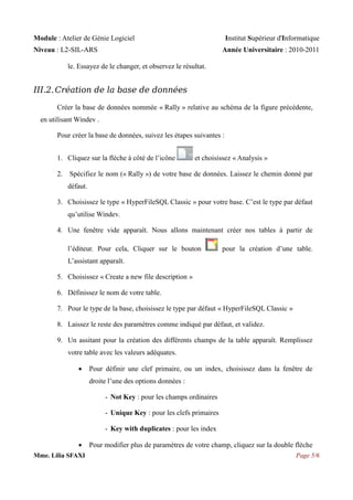 Module : Atelier de Génie Logiciel

Institut Supérieur d'Informatique

Niveau : L2-SIL-ARS

Année Universitaire : 2010-2011

le. Essayez de le changer, et observez le résultat.

III.2. Création de la base de données
Créer la base de données nommée « Rally » relative au schéma de la figure précédente,
en utilisant Windev .
Pour créer la base de données, suivez les étapes suivantes :
1. Cliquez sur la flèche à côté de l’icône

et choisissez « Analysis »

2. Spécifiez le nom (« Rally ») de votre base de données. Laissez le chemin donné par
défaut.
3. Choisissez le type « HyperFileSQL Classic » pour votre base. C’est le type par défaut
qu’utilise Windev.
4. Une fenêtre vide apparaît. Nous allons maintenant créer nos tables à partir de
l’éditeur. Pour cela, Cliquer sur le bouton

pour la création d’une table.

L’assistant apparaît.
5. Choisissez « Create a new file description »
6. Définissez le nom de votre table.
7. Pour le type de la base, choisissez le type par défaut « HyperFileSQL Classic »
8. Laissez le reste des paramètres comme indiqué par défaut, et validez.
9. Un assitant pour la création des différents champs de la table apparaît. Remplissez
votre table avec les valeurs adéquates.


Pour définir une clef primaire, ou un index, choisissez dans la fenêtre de
droite l’une des options données :
- Not Key : pour les champs ordinaires
- Unique Key : pour les clefs primaires
- Key with duplicates : pour les index


Mme. Lilia SFAXI

Pour modifier plus de paramètres de votre champ, cliquez sur la double flèche
Page 5/6

 