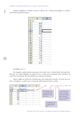 100
Diversidade cultural e meio ambiente: de estratégias de contagem às propriedades geométricas
Entendendo o uso de planilhas eletrônicas para a resolução de equações quadráticas
Seção2
Vamos completar a coluna A com os valores de x. Basta você digitar os valores,
conforme mostramos abaixo:
Complete até o 3.
Em seguida, vamos pensar um pouco em como seria a forma literal da expressão.
Ou seja, se o valor digitado na coluna A for x, como será a expressão que calculará. Se
você ficar em dúvida, dê uma olhada nos cálculos anteriores.
Agora, digite na coluna B a fórmula que será usada pelo cálculo. Ao invés de usar-
mos a incógnita x, vamos usar o nome da célula que encontra o valor.
Toda célula que
é usada para fór-
mula deve come-
çar com “=”.
A variável x de-
verá ser substi-
tuída pela célula
que encontra o
valor, no primei-
ro caso: A2.
A multiplicação
é representada
por “*”.
= (20 – 2 * A2) * (10 – 2 * A2) * A2
 