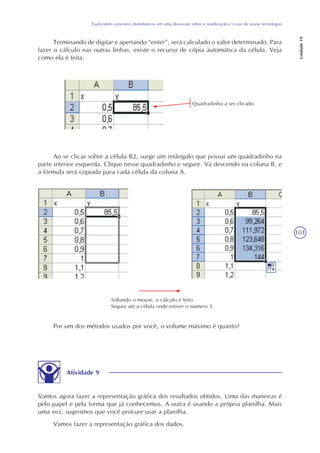 101
Explorando conceitos matemáticos em uma discussão sobre a reutilização e o uso de novas tecnologias
Unidade19
Terminando de digitar e apertando “enter”, será calculado o valor determinado. Para
fazer o cálculo nas outras linhas, existe o recurso de cópia automática da célula. Veja
como ela é feita:
Ao se clicar sobre a célula B2, surge um retângulo que possui um quadradinho na
parte inferior esquerda. Clique nesse quadradinho e segure. Vá descendo na coluna B, e
a fórmula será copiada para cada célula da coluna A.
Por um dos métodos usados por você, o volume máximo é quanto?
Quadradinho a ser clicado.
Soltando o mouse, o cálculo é feito.
Segure até a célula onde estiver o número 3.
Atividade 9
Vamos agora fazer a representação gráfica dos resultados obtidos. Uma das maneiras é
pelo papel e pela forma que já conhecemos. A outra é usando a própria planilha. Mais
uma vez, sugerimos que você procure usar a planilha.
Vamos fazer a representação gráfica dos dados.
 
