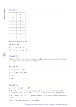 128
Diversidade cultural e meio ambiente: de estratégias de contagem às propriedades geométricas
Soluçãodasatividades
Atividade 11
x
-2
-1
0
1
2
3
4
5
y
6
0
-4
-6
-6
-4
0
6
Solução da equação: -1 e 4.
Outras funções:
f(x) = x2
- 3x e f(x) = 4
f(x) = x2
- 3x + 5 e f(x) = 9
Atividade 12
Não é possível resolver todas as equações quadráticas por este método, principalmente
as equações com raízes irracionais e negativas.
Atividade 17
a) 3, 5, 7, 9, 11, 13, 15.
b) 2, 4, 8, 16, 32, 64, 128.
c) 2 + 5.
d) 3 x 2.
Atividade 18
a) 10 - 1 = x 35 ou 8 + 1= x 35.
b) 23 + 10 + + + + +, como foram apertados 5 vezes, são 5 vezes 10, resposta 50.
Ou pode-se fazer 1 por 1 ÷ 23+1= = = = =... = . Assim, aperta-se o igual 50 vezes.
c) 875 – 125 = = = = = = = . O igual foi apertado 7 vezes, então o resultado da divisão
é 7.
d) 5x (7 + 1), 9x (9 - 1), 12x (17 + 1), 1890 – 2 ÷ 2.
 