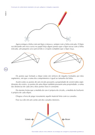 162
Diversidade cultural e meio ambiente: de estratégias de contagem às propriedades geométricas
Construção do conhecimento matemático em ação: polígonos e triângulos congruentes
Seção2
Agora estique a linha com um lápis e mova-o, sempre com a linha esticada. O lápis
vai deixando um risco curvo no papel.Veja alguns pontos que o lápis tocou com a linha
esticada, um pequeno arco percorrido e o trajeto completo que o lápis traça.
Os pontos que formam a elipse estão em vértices de ângulos formados por dois
segmentos, em que a soma dos comprimentos é igual ao tamanho da linha.
Assim como os pontos de um círculo possuem a propriedade de serem todos eqüi-
distantes do centro, os pontos de uma elipse também possuem uma propriedade: a soma
das distâncias de cada um a dois pontos fixos é constante.
Da mesma forma que a medida do raio é própria do círculo, a medida do barbante
é própria de cada elipse.
Chegou a hora de pegar novamente aquele material feito com os canudos.
Fixe ou cole em um cartão um dos canudos menores.
 