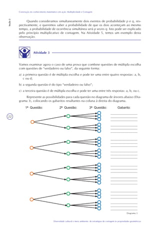 22
Diversidade cultural e meio ambiente: de estratégias de contagem às propriedades geométricas
Construção do conhecimento matemático em ação: Multiplicidade e Contagem
Seção2
Quando consideramos simultaneamente dois eventos de probabilidade p e q, res-
pectivamente, e queremos saber a probabilidade de que os dois aconteçam ao mesmo
tempo, a probabilidade de ocorrência simultânea será p vezes q. Isto pode ser explicado
pelo princípio multiplicativo de contagem. Na Atividade 5, temos um exemplo desta
observação.
Atividade 3
Vamos examinar agora o caso de uma prova que combine questões de múltipla escolha
com questões de “verdadeiro ou falso”, da seguinte forma:
a) a primeira questão é de múltipla escolha e pode ter uma entre quatro respostas: a, b,
c ou d;
b) a segunda questão é do tipo “verdadeiro ou falso”;
c) a terceira questão é de múltipla escolha e pode ter uma entre três respostas: a, b, ou c.
Represente as possibilidades para cada questão no diagrama de árvores abaixo (Dia-
grama 3), colocando os gabaritos resultantes na coluna à direita do diagrama.
Diagrama 3
 