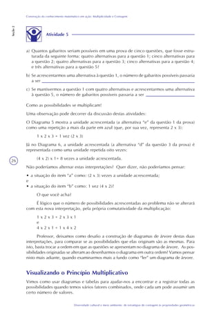 26
Diversidade cultural e meio ambiente: de estratégias de contagem às propriedades geométricas
Construção do conhecimento matemático em ação: Multiplicidade e Contagem
Seção2
Atividade 5
a) Quantos gabaritos seriam possíveis em uma prova de cinco questões, que fosse estru-
turada da seguinte forma: quatro alternativas para a questão 1; cinco alternativas para
a questão 2; quatro alternativas para a questão 3; cinco alternativas para a questão 4;
e três alternativas para a questão 5?
b) Se acrescentarmos uma alternativa à questão 1, o número de gabaritos possíveis passaria
a ser
c) Se mantivermos a questão 1 com quatro alternativas e acrescentarmos uma alternativa
à questão 5, o número de gabaritos possíveis passaria a ser
Como as possibilidades se multiplicam!
Uma observação pode decorrer da discussão destas atividades:
O Diagrama 5 mostra a unidade acrescentada (a alternativa “e” da questão 1 da prova)
como uma repetição a mais da parte em azul (que, por sua vez, representa 2 x 3):
1 x 2 x 3 = 1 vez (2 x 3)
Já no Diagrama 6, a unidade acrescentada (a alternativa “d” da questão 3 da prova) é
representada como uma unidade repetida oito vezes:
(4 x 2) x 1= 8 vezes a unidade acrescentada.
Não poderíamos alternar estas interpretações? Quer dizer, não poderíamos pensar:
• a situação do item “a” como: (2 x 3) vezes a unidade acrescentada;
e
• a situação do item “b” como: 1 vez (4 x 2)?
O que você acha?
É lógico que o número de possibilidades acrescentadas ao problema não se alterará
com esta nova interpretação, pela própria comutatividade da multiplicação:
1 x 2 x 3 = 2 x 3 x 1
e
4 x 2 x 1 = 1 x 4 x 2
Professor, deixamos como desafio a construção de diagramas de árvore destas duas
interpretações, para comparar se as possibilidades que elas originam são as mesmas. Para
isto, basta trocar a ordem em que as questões se apresentam no diagrama de árvore. As pos-
sibilidades originadas se alteram ao desenharmos o diagrama em outra ordem? Vamos pensar
nisto mais adiante, quando examinarmos mais a fundo como “ler” um diagrama de árvore.
Visualizando o Princípio Multiplicativo
Vimos como usar diagramas e tabelas para ajudar-nos a encontrar e a registrar todas as
possibilidades quando temos vários fatores combinados, onde cada um pode assumir um
certo número de valores.
 