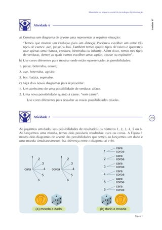 29
Matemática e impacto social da tecnologia da informação
Unidade17
Atividade 6
a) Construa um diagrama de árvore para representar a seguinte situação:
“Temos que montar um cardápio para um almoço. Podemos escolher um entre três
tipos de carnes: ave, peixe ou boi. Também temos quatro tipos de raízes e queremos
usar apenas uma: batata, cenoura, beterraba ou inhame. Além disso, temos três tipos
de verduras, dentre as quais vamos escolher uma: agrião, couve ou espinafre”.
b) Use cores diferentes para mostrar onde estão representadas as possibilidades:
1. peixe, beterraba, couve;
2. ave, beterraba, agrião;
3. boi, batata, espinafre.
c) Faça dois novos diagramas para representar:
1. Um acréscimo de uma possibilidade de verdura: alface.
2. Uma nova possibilidade quanto à carne: “sem carne”.
Use cores diferentes para ressaltar as novas possibilidades criadas.
Atividade 7
Ao jogarmos um dado, seis possibilidades de resultados: os números 1, 2, 3, 4, 5 ou 6.
Ao lançarmos uma moeda, temos dois possíveis resultados: cara ou coroa. A Figura 1
mostra dois diagramas de árvore das possibilidades que temos ao lançarmos um dado e
uma moeda simultaneamente, há diferença entre o diagrma (a) e (b).
Figura 1
 