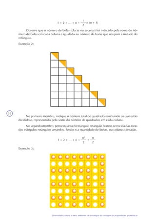 36
Diversidade cultural e meio ambiente: de estratégias de contagem às propriedades geométricas
1 + 2 + ... + n =
1
2
n (n + 1)
Observe que o número de bolas (claras ou escuras) foi indicado pela soma do nú-
mero de bolas em cada coluna e igualado ao número de bolas que ocupam a metade do
retângulo.
Exemplo 2:
No primeiro membro, indique o número total de quadrados (incluindo os que estão
divididos), representado pela soma do número de quadrados em cada coluna.
No segundo membro, pense na área do triângulo retângulo branco acrescida das áreas
dos triângulos retângulos amarelos. Sendo n a quantidade de linhas, ou colunas contadas.
1 + 2 + ... + n =
n2
2
+
n
2
Exemplo 3:
 