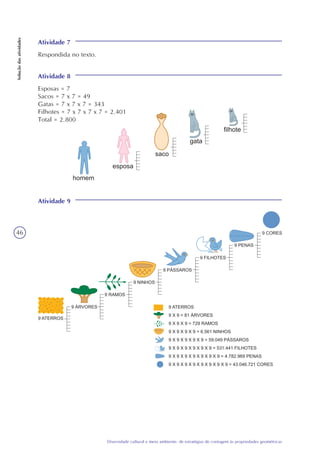 46
Diversidade cultural e meio ambiente: de estratégias de contagem às propriedades geométricas
Soluçãodasatividades
Atividade 7
Respondida no texto.
Atividade 8
Esposas = 7
Sacos = 7 x 7 = 49
Gatas = 7 x 7 x 7 = 343
Filhotes = 7 x 7 x 7 x 7 = 2.401
Total = 2.800
Atividade 9
 