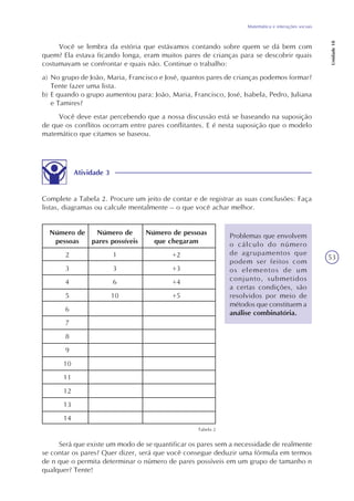 53
Matemática e interações sociais
Unidade18
Você se lembra da estória que estávamos contando sobre quem se dá bem com
quem? Ela estava ficando longa, eram muitos pares de crianças para se descobrir quais
costumavam se confrontar e quais não. Continue o trabalho:
a) No grupo de João, Maria, Francisco e José, quantos pares de crianças podemos formar?
Tente fazer uma lista.
b) E quando o grupo aumentou para: João, Maria, Francisco, José, Isabela, Pedro, Juliana
e Tamires?
Você deve estar percebendo que a nossa discussão está se baseando na suposição
de que os conflitos ocorram entre pares conflitantes. E é nesta suposição que o modelo
matemático que citamos se baseou.
Atividade 3
Complete a Tabela 2. Procure um jeito de contar e de registrar as suas conclusões: Faça
listas, diagramas ou calcule mentalmente – o que você achar melhor.
Problemas que envolvem
o cálculo do número
de agrupamentos que
podem ser feitos com
os elementos de um
conjunto, submetidos
a certas condições, são
resolvidos por meio de
métodos que constituem a
análise combinatória.
Será que existe um modo de se quantificar os pares sem a necessidade de realmente
se contar os pares? Quer dizer, será que você consegue deduzir uma fórmula em termos
de n que o permita determinar o número de pares possíveis em um grupo de tamanho n
qualquer? Tente!
Número de
pessoas
2
3
4
5
6
7
8
9
10
11
12
13
14
Número de
pares possíveis
1
3
6
10
Número de pessoas
que chegaram
+2
+3
+4
+5
Tabela 2
 