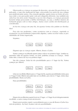 62
Diversidade cultural e meio ambiente: de estratégias de contagem às propriedades geométricas
Construção do conhecimento matemático em ação: Combinações
Seção2
Observando as crianças no parque de diversões, em uma fila para brincar no
pula-pula, vi que elas mudavam de lugar, procurando ficar perto de seus colegas
para poderem pular juntos. Elas estavam agitadas; quem estava na frente até acei-
tava ceder a vez para poder pular com um coleguinha diferente, mas também não
valia ficar tão atrás assim. Enquanto a sua vez não chegava, as crianças passavam
bastante tempo procurando a melhor distribuição, ou seja, a melhor maneira de
formarem grupos com os mais amigos, muitas vezes caindo em distribuições já
consideradas.
Se há três crianças em uma fila, de quantas formas elas podem ser distribu-
ídas?
Para não nos perdermos, como aconteceu com as crianças, repetindo as
arrumações ou possivelmente esquecendo algumas, vamos escrever todas as pos-
sibilidades de forma organizada.
Vejamos:
1o
lugar 2o
lugar 3o
lugar
Digamos que as crianças sejam: Alberto, Bruno e Carlos.
Vamos começar escolhendo quem vamos colocar no primeiro lugar. Lembre-se,
queremos saber de quantas formas, no total, podemos arranjar as crianças. Então
todos têm a chance de ficar no primeiro lugar.
São três crianças. Então há três possibilidades para o 1o
lugar da fila. Vamos
começar por Alberto.
Alberto 2o
lugar 3o
lugar
Uma vez escolhido Alberto para o 1o
lugar da fila, quantas possibilidades temos para
o 2o
lugar? Como Alberto não pode mais ser escolhido, pois está no 1o
lugar, temos duas
possibilidades: Bruno ou Carlos.
Duas possibilidades:
Alberto Bruno 3o
lugar
Alberto Carlos 3o
lugar
Depois de escolhermos quem ficará no 2o
lugar, o 3o
lugar ficará obrigatoriamente
escolhido: a outra criança ficará em terceiro.
Depois precisaremos repetir o procedimento para o caso de Bruno e Carlos fica-
rem em primeiro. Ao final, ficamos com seis possibilidades:
 